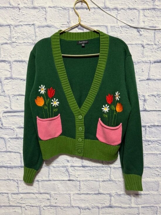 Sweaters - Smak Parlour Green & Pink Flower Pocket Cardigan XL / 1X